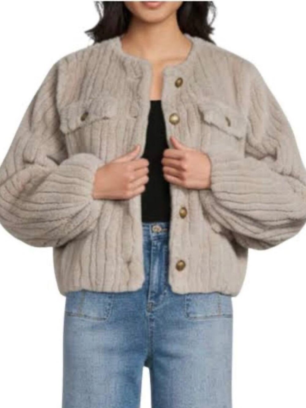 A Loves A Faux Fur Round Neck Long Bubble Sleeve Button Front Jacket – XL – NWT